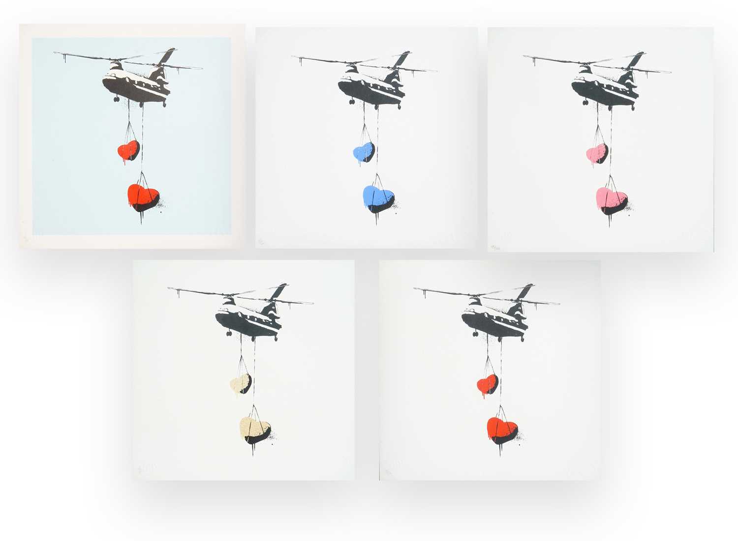 Lot 250 - Martin Whatson (Norwegian 1984), ‘Mini Chinook Hearts (Gold, Pink, Red, Blue & Blue Background)', 2012
