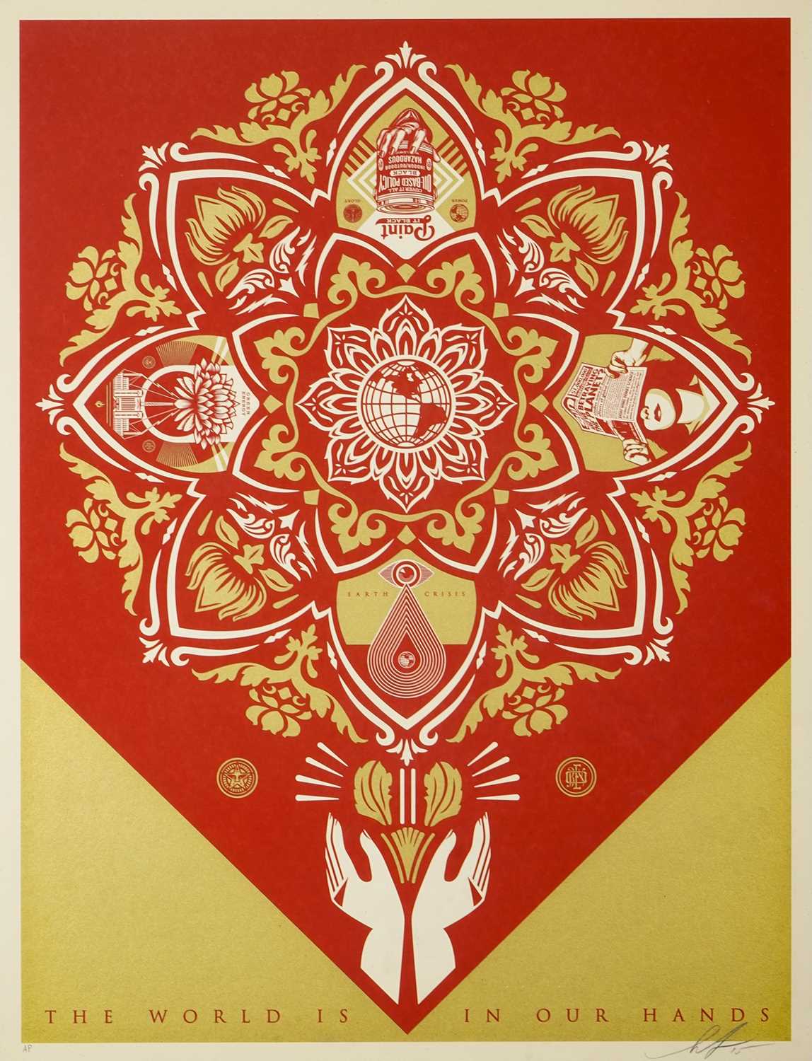 Lot 324 - Shepard Fairey (American 1970-), 'Obey Holiday - The World Is In Our Hands (Red & Gold)', 2015