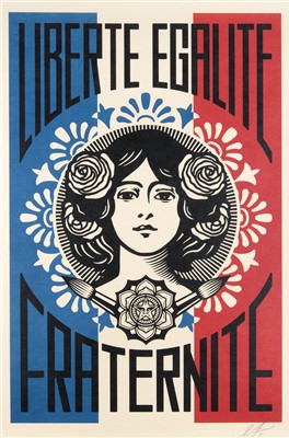 Lot 75 - Shepard Fairey (American b.1970), 'Liberte, Egalite, Fraternite & Make Art Not War', 2018