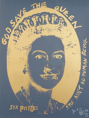 Lot 181 - Jamie Reid (British 1947-), 'God Save The Queen (Gold On Blue), 1997