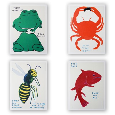 Lot 28 - David Shrigley (British 1968-), 'Fish Says Fuck You All, Frog (Front Of) Frog (Back Of), Sorry For Being Annoying & You Got Beaten By A Crab', 2022