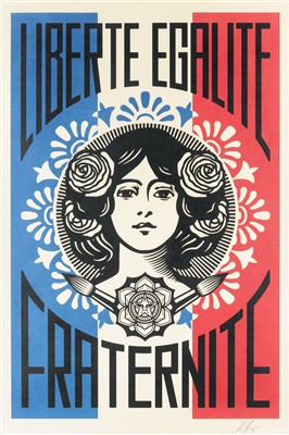 Lot 226 - Shepard Fairey (American b.1970), 'Liberte, Egalite, Fraternite & Make Art Not War', 2018