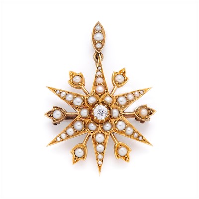 Lot 66 - A late 19th century diamond and seed pearl star brooch.