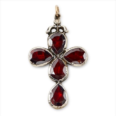 Lot 35 - A foil-back garnet and diamond cross pendant.