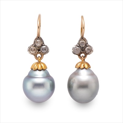 Lot 84 - A pair of cultured pearl and diamond earrings.