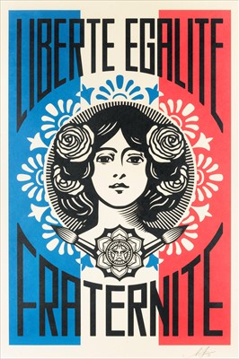 Lot 117 - Shepard Fairey (American 1970-), 'Liberte, Egalite, Fraternite & Make Art Not War', 2018