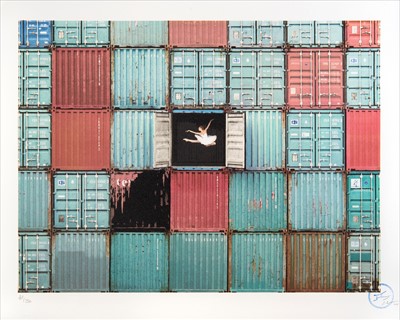 Lot 74 - JR (French b.1983) 'The Ballerina Jumping In Containers, Le Harce, France, 2014', 2018