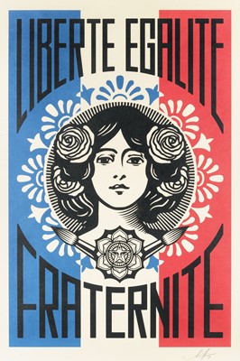 Lot 168 - Shepard Fairey (American 1970-), 'Liberte, Egalite, Fraternite & Make Art Not War', 2018